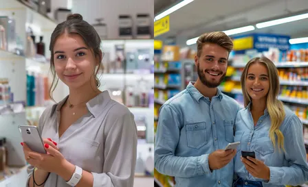 Mitarbeitende im Einzelhandel mit Smartphones in der Hand