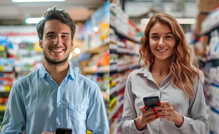 Zwei Mitarbeitende im Einzelhandel schauen auf ihre Smartphones