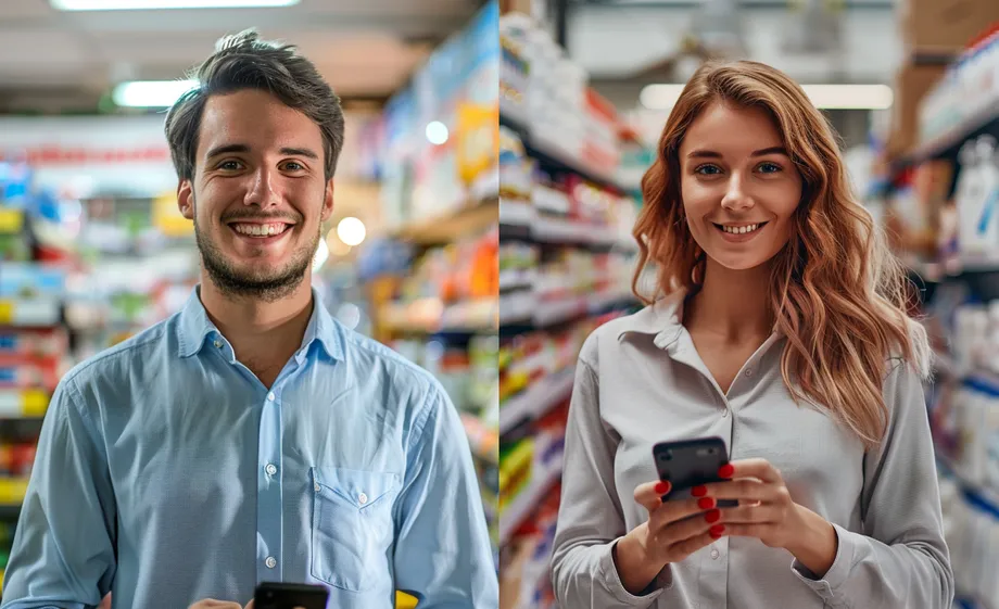 Two retail employees looking at their smartphones