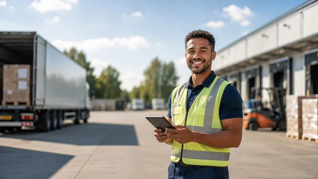 Ein Logistikmitarbeiter steht vor den Verladerampen eines Logistikzentrums.