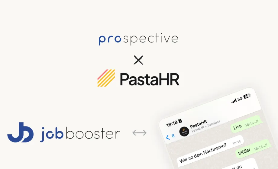 The Prospective and PastaHR logos with the Jobbooster and a WhatsApp chat