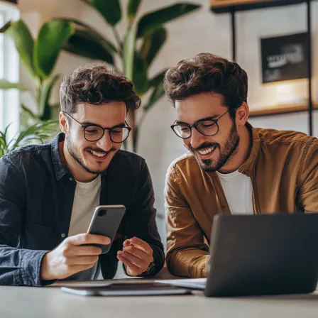 Zwei Männer schauen gemeinsam auf ein Smartphone