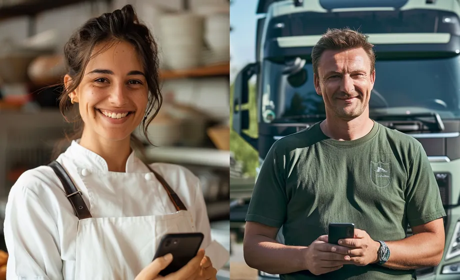 A baker and a truck driver with their smartphones